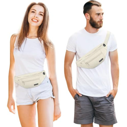 MAXTOP Large Crossbody Fanny Pack with 4-Zipper Pockets,Gifts for Enjoy Sports Festival Workout Traveling Running Casual Hands-Free Wallets Waist Pack Phone Bag Carrying All Phones - color: Beige(Washed Nylon with Silver Metal Zipper), style: Large Fanny