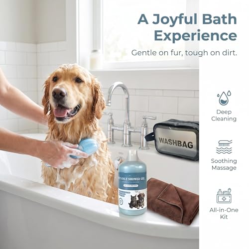 [Zmonap] Dog Cat Bath Brush Kit with Soap Dispenser, 250ML Gentle Pet Shower Gel, Super Absorbent Quick Dry Towel & Waterproof Storage Bag, All-in-One Pet Grooming Bathing Supplies for Indoor Outdoor