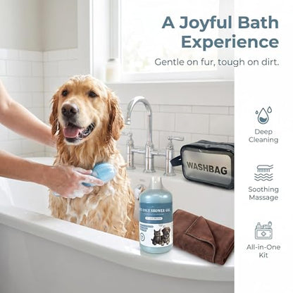 [Zmonap] Dog Cat Bath Brush Kit with Soap Dispenser, 250ML Gentle Pet Shower Gel, Super Absorbent Quick Dry Towel & Waterproof Storage Bag, All-in-One Pet Grooming Bathing Supplies for Indoor Outdoor