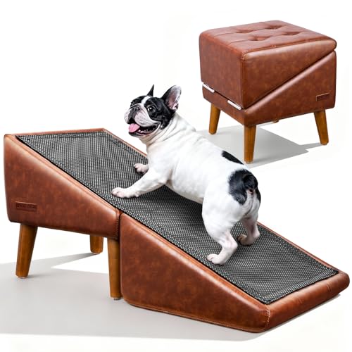 Dog Stairs for Small Dogs and Cats 16" H - with Encrypted Dot-Grip Non-Slip Surface, 2-in-1 Pet Ramp & Steps for Bed/Couch, Foldable Split Ottoman with Solid Wood Frame, Sturdy & Portable for Puppies - color: Brown