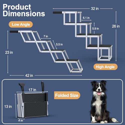 Dog Stairs for Car, Foldable Dog Ramp for Car with Non-Slip Surface, Portable Stairs Aluminum SUV, High Beds, Truck, Supports up to 150 lbs, 4 Steps - size: Standard 4 Steps