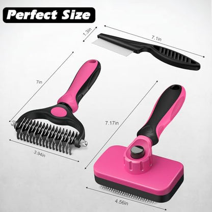 Professional 3PCS Self Cleaning Slicker Brush & Pet Grooming Rake & Flea Comb for Dogs,Cats and Horses | Double-Sided Dematting Comb & Skin Friendly Deshedding Grooming Tool | Pet Supplies (Red) - color: Red