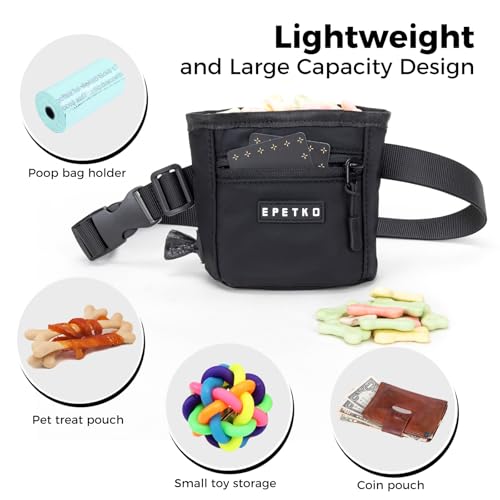 Dog Treat Pouch, Powerful Magnet Closure Device Dog Training Treat Bag Large Capacity Pet Treat Pouch with Poop Bag Dispenser Treat Bag for Dog Training with Metal Waistband Clip (Black) - color: Black