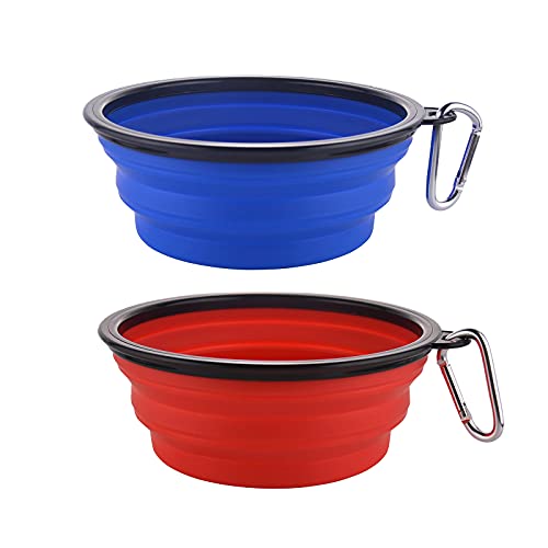 Large Collapsible Dog Bowls, 34oz Travel Water Food Bowls Portable Foldable Collapse Dishes with Carabiner Clip, 2 Pack (Blue + Red) - color: 34oz-Blue&Red