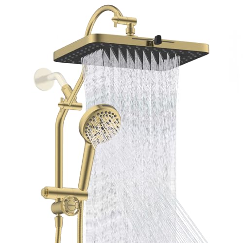 Hibbent cUPC Certified 13'' Shower Head Combo, High Pressure 5 Spray Rainfall Showerhead, 10 Spray Handheld, All Metal Easy Reach 4-way Diverter Arm with Pause Mode, 71'' Hose and Holder, Brushed Gold - color: Brushed Gold, style: Square 13"