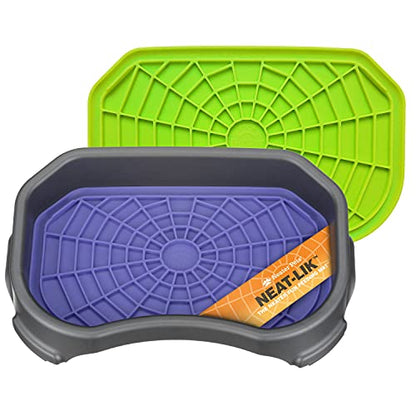 Neater Pets Neat-LIK Dog Lick Mat w/Mess-Proof Tray, Lick Mat for Dogs, Cats, Puppy, Reduces Anxiety & Boredom, Peanut Butter Slow Feeder, Interactive Treat Licking Pad (Purple & Green/Gunmetal) - color: Purple & Green Mats w/ Gunmetal Tray