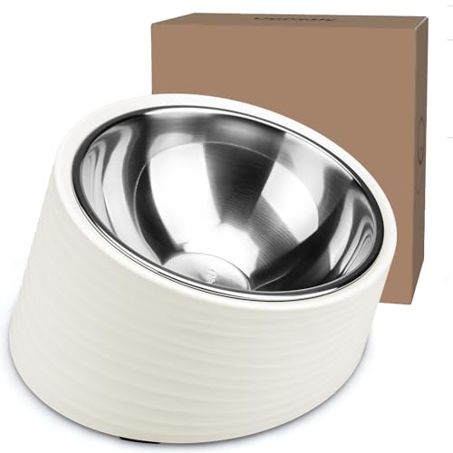 Uppetly Tilted Angle Dog Bowl, 15° Slanted Stainless Steel Dog Cat Food Bowl, Non-Slip & Non-Spill Pet Feeder with Elevated Detachable Melamine Stand, Easy to Get Food Dish, Large 2 Cup White - color: White-2Cup
