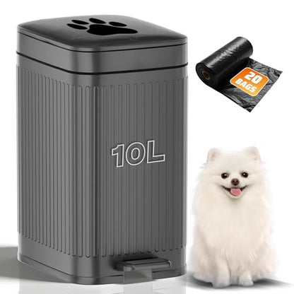 Dog Poop Trash Can Outside, 2.7Gal Dog Waste Trash Can with Lid, Foot Pedal, Dog Waste Container with 20 Bags, Pet Poop Bucket with Soft Close for Backyard Odor Control, Grey - size: 10L Grey Dog Trash Can