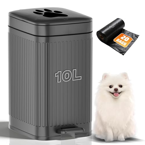 Dog Poop Trash Can Outside, 2.7Gal Dog Waste Trash Can with Lid, Foot Pedal, Dog Waste Container with 20 Bags, Pet Poop Bucket with Soft Close for Backyard Odor Control, Grey - size: 10L Grey Dog Trash Can