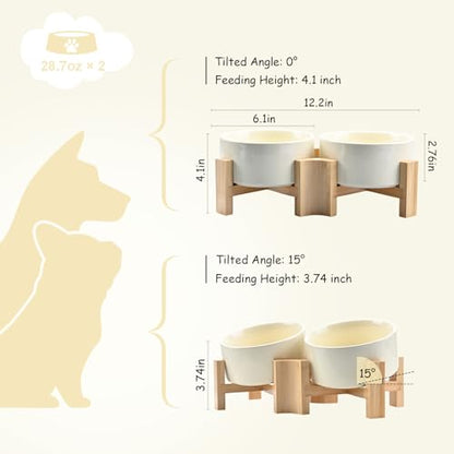 SPUNKYJUNKY 15° Slanted Ceramic Dog and Cat Bowl with Wooden Stand, Tilted Bulldog Food and Water Bowl No Slip Non-Spill for Cats Medium Dogs Big Face Pets 28.7 OZ (3.6 Cups, Beige × 2) - color: Beige, size: 3.6 CUPS × 2
