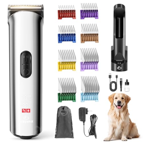 Professional Dog Grooming Clippers with Charging Dock, 5-in-1 Adjustable Blade Cordless Pet Grooming Kit 5 Speed Rechargeable Trimmer Hair Shaver with Detachable Metal Guide Combs for Animal