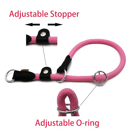 Braided Round Martingale Dog Collar, Training Collar with Slidable Stop Ring and Adjustable Stopper - Ideal for Medium Dogs (M(1/3") - 18" Long, Pink) - color: Pink, size: M(1/3") - 18" Long with stopper
