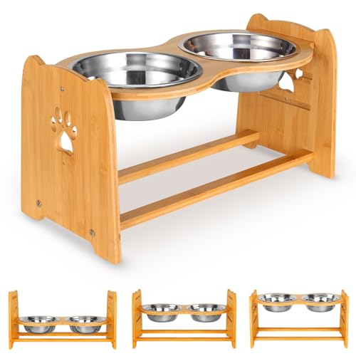 X-ZONE PET Elevated Dog Bowls for Cats and Dogs, Adjustable Bamboo Raised Dog Bowls for Large Dog, Food and Water Stand Feeder with 2 Stainless Steel Bowls Anti Slip Feet (Height 5.1" to 7.5" to 10")… - size: L- Height 5.1" up to 10"