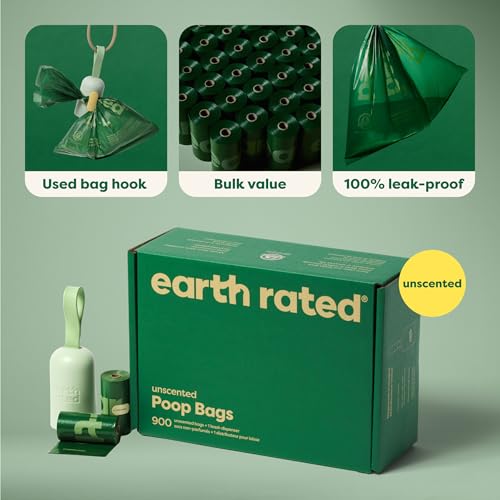 Earth Rated Dog Poop Bag Holder, Durable and Guaranteed Leakproof, Unscented, 1 Dispenser and 900 Bags - size: 1 Dispenser, 900 Bags, style: Unscented