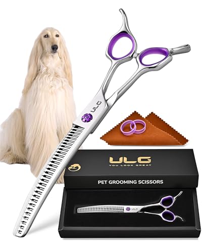 ULG 7.5” Dog Grooming Chunker Shears – 30° Curved Pet Grooming Scissors, Japanese 440C Stainless Steel, 30 Comb & Chunker Teeth, 60% Thinning Rate, Reversible Butterfly Handles for Face, Nose & Body - size: 7.5" Chunker (60% Thinning)