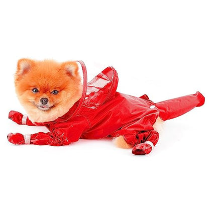 PAIDEFUL Small Dog Full Body Coverage Raincoat Solid Four-Leg Onesie Rain Jacket Waterproof Hoodie Puppy Clothes Button Lightweight Cats Costume, Red, M - color: red, size: M: Chest: 15.7", Back: 12.6"