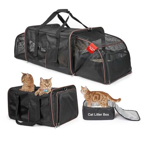Expandable Cat Carrier for 2 Cats, Double Compartment Large Pet Carrier for Long Distance Car Travel, Includes 2 Portable Litter Boxes, Foldable Multi-Cat Travel for Road Trips & Camping, Black - color: Black