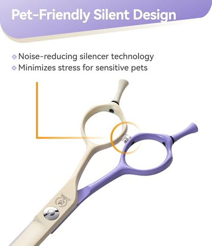 Curved Dog Grooming Scissors with Coating 440C Stainless Steel, 7 inch Professional Curved Shears Dog Grooming，25 Degree of Curved Blade，Pet Shear for Trimming Face and Paw, Violet & White - color: Violet&white