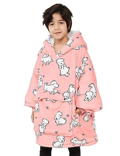 KFUBUO Wearable Blanket Hoodie for Kids Sherpa Dog Patterns Oversized Sweatshirt Blanket with Pocket 6-10 Year Old Girl Boy Birthday Gifts - color: Dog, size: Kids 6-10YR