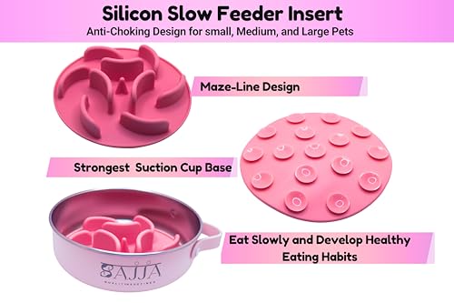 Pink Slow Feeder Travel Dog Bowl Set – 30oz Stainless Steel + 20oz Collapsible Silicone Dish + Silicone Slow Feeder Insert | Water Bottle Holder | Non-Slip, Anti-Choking, BPA-Free – Claim - color: Slow feeder Pink Bowl