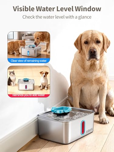 SIBAYS 4Gal/15L Large Dog Water Fountain, Stainless Steel Pet Water Fountain with Water Level Window and LED Light, Ultra Quiet Automatic Dog Water Bowl Dispenser, Easy to Clean(FS78, Silver-Blue) - color: Silver-Blue