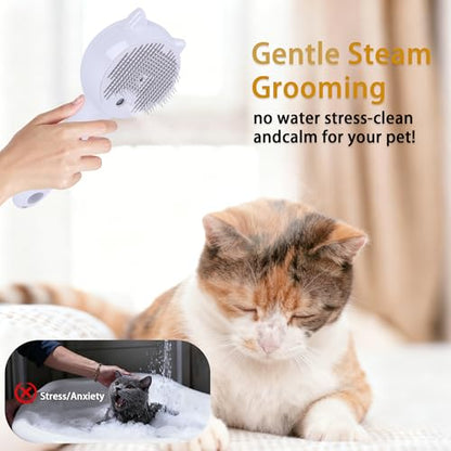 Pet Steam Brush for Cats & Dogs ，3-in-1 Pet Grooming Comb，Reduces Shedding, Soft Bristles, Promotes Healthy Coat-Comes - Includes Waterless Shampoo，White - color: White