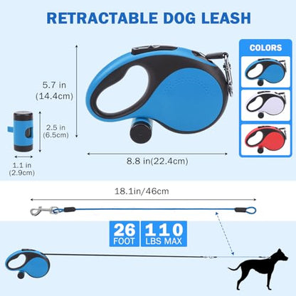 SCENEREAL Retractable Dog Leash for Small Medium Large Dogs up to 110lbs, 26ft 360° Tangle-Free Nylon Tape with Anti-Chewing Wire Rope&Waste Bag Dispenser, Heavy Duty Long Durable One-Handed Brake - color: Chew Proof (Black & Blue /26ft)