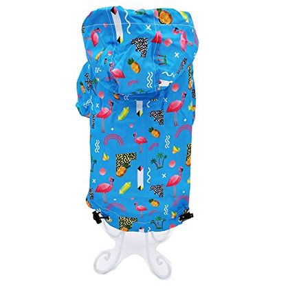 Dog Raincoat Hooded Leash Hole Waterproof Rain Coat Jacket Rainwear for Small Pet Cat Puppy (L: Length - 16", Blue Flamingo) - color: Blue Flamingo, size: L: Chest - 18", Length - 16"