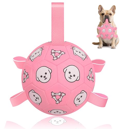 6 Inch Dog Soccer Ball, Interactive Dog Toys for Small Dogs | Floating Water Toys, Jolly Ball with Straps, Durable Outdoor Training Dogs Tug Toy, Outside Pet Toys, Birthday Gift for Puppy - color: Pink, size: Medium-6 Inch