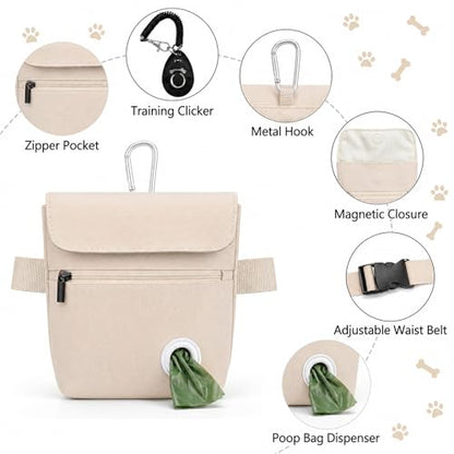 Dog Treat Pouch and Dog Training Clicker, Treat Bag with Poop Bag Dispenser, Powerful Magenetic Clasp, Metal Clip Waist Belt Fanny Pack for Pet Walk Dog Training (White) - color: White