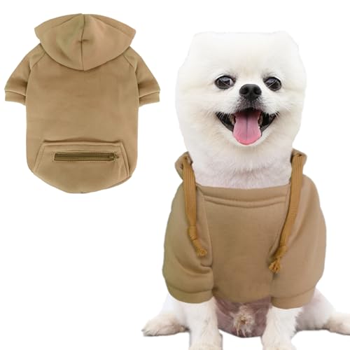 Jecikelon Dog Hoodies for Small Dogs with Zipper Pocket, Soft Fleece Puppy Clothes with Rope Hat, Warm Winter Outfits Cold Weather Coats, Cute Sweatshirt Chihuahua Costume (Khaki, Small) - color: Khaki, size: Small