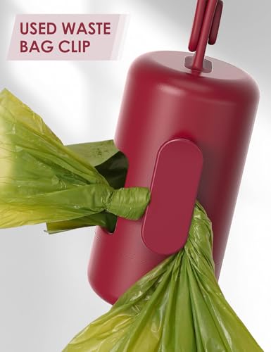 Gobeigo Dog Poop Bag Holder【Convenient Hook for Used Bags】【Silicone Strap Fits Any Leash】【Large Opening for Easy Dispensing】with 1 Roll Waste Bags (Red) - color: Red