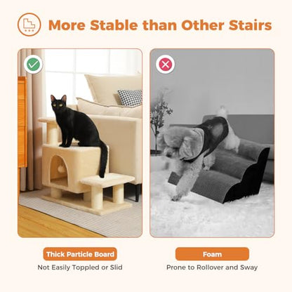 3-in-1 Dog Stairs & Cat Scratching Post with Condo, Pet Steps for High Beds, Sofa, Couch, Tall Cat Tower, High-Strength Boards for Indoor Small Cats Kittens Dogs Climbing Playing, 3 Steps-Beige - color: Beige