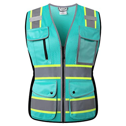 High Visibility Reflection Peacock Mesh Safety Vests with 8 Pockets and Front Zipper, hi vis safety vest for Women, Meets ANSI/ISEA Standards(Peacock-16,L) - color: Peacock, size: Large