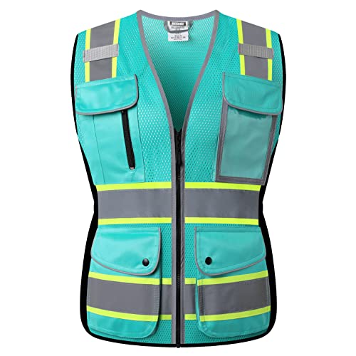 High Visibility Reflection Peacock Mesh Safety Vests with 9 Pockets and Front Zipper, hi vis safety vest for Women, Meets ANSI/ISEA Standards(Peacock-16,XL) - color: Peacock, size: X-Large