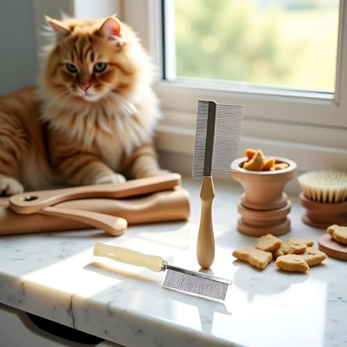 Pet Grooming Comb for Long Haired Cats and Dogs - Stainless Steel Pin Teeth Wooden Handle Fur Hair Brush - Removes and Prevents Matted Fur