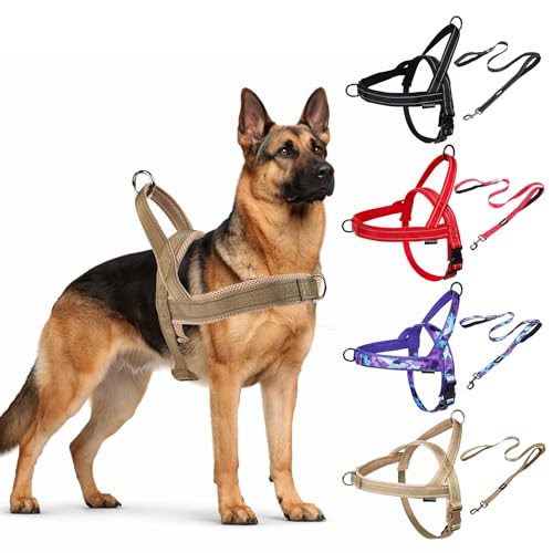 No Pull Dog Harness and Leash Set-Reflective Vest with Handle&5FT Dog Leash with Car Seatbelt Clip,Breathable Mesh&Quick Fit Dog Harness Easy for Medium Large Dogs Training Walking(Brown,XL) - color: Reflective-Brown, size: XL:Belly Chest-30.6''-39.2''