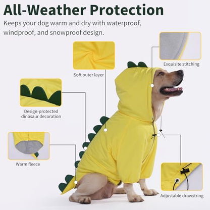 LovinPet Dog Warm Coat with Hood – Medium & Large Dinosaur Hoodie Winter Jacket for Cold Weather, Yellow & Green Coat for Large Dogs, XXXL - size: XXX-Large