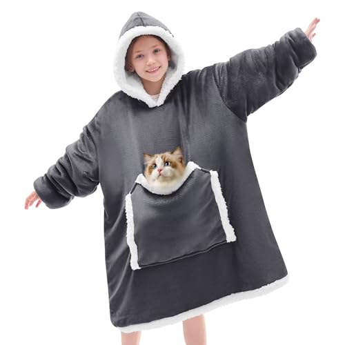 JOYWOO Wearable Blanket Hoodie,Oversized Cat Lovers Sweatshirt Blanket for Adult & Teens,Birthday Gifts for Teen Girls Boys Women 8-12,Cozy Sherpa Sweatshirt Blanket Giant Pocket Gifts,Grey Small - color: Grey, size: Kids