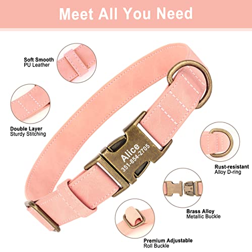 Personalized Dog Collars for Small Dogs, Custom Soft PU Leather Dog Collar with Engraved ID Name and Number, Adjustable & Durable Pet Collars with Quick Release Metal Buckle,S(10-16") - color: Peony Pink-Engraving, size: Small: Fit 10-16" Neck