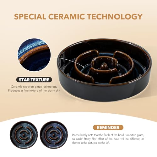 Havniva 1.2 Cup Elevated Slow Feeder Dog Bowls, 7.3” Ceramic Dog Slow Feeding Bowls with Acacia Wood Stand, Raised Dog Food Bowl Puzzle Slow Feeder for Small Dogs/Fast Eater, Non-Slip & Anti-Choking - color: 1 x Starry Sky + Stand - A, size: M- 7.3inch /