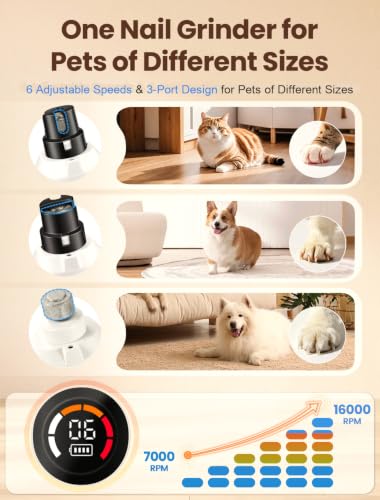 Dog Nail Grinder, Quiet 6-Speed Electric Pet Nail Trimmer with Upgraded Motor, 2 LED Lights, LCD Display, Type-C Charging, 1200mAh Battery, 3 Diamond Grinding Wheels for Dogs and Cats