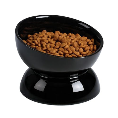 ABRUTY Cat Water Bowl, 16 OZ Ceramic Elevated Cat Bowls, 15° Tilted and Raised Pet Food Dish, Anti Vomiting Protect Pets' Spines and Whisker Fatigue - color: Black, size: 1 Pack
