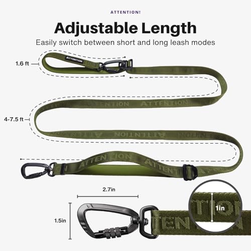 Heavy-Duty Tactical Dog Leash for Medium & Large Dogs, 6-in-1 Hands-Free Lead for Training, 4-7.5FT Adjustable Waist Belt for Walking (Onyx Black) - color: Black