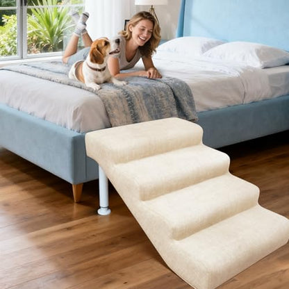 Linen Faux Leather Adjustable Dog Stairs & Steps for Bed and Sofa,4-Step | Adjustable Height 14.5"-17.7" Pet Ramp for Small to Large Dogs,150lbs Load Capacity,Waterproof, Scratch-Resistant