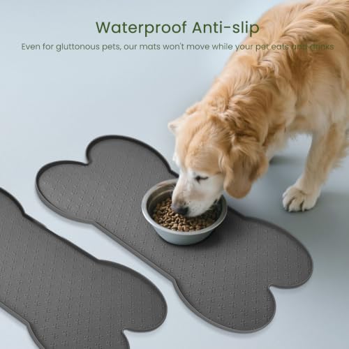 PWTAA Dog Food Mat Anti-Slip Silicone Dog Bowl Mat Thicker Pet Placemat Waterproof Cat Feeder Pad with Raised Edge Puppy Kitten Feeding Mats Suitable Small Medium-Sized Dogs Cats Eating Tray - 2PCS - color: Grey, size: 25.6" x 13"-2PCS