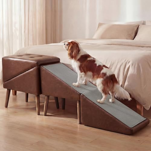 Dog Ramp for Bed, Wooden 23.62'' H Dog Stairs for Small/Medium-Sized Dogs and All Cats, Washable Non-Slip Silicone Surface pet Ramp, Foldable 2-in-1 Split Ottoman Design - color: Brown