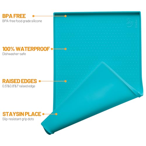 Hubulk Dog Feeding Mat,100% Waterproof Food Grade Silicone Pet Food and Water Bowl Placemat,Dishwasher, High Raised Edge to Prevent Spills,Nonslip Tray to Stop Messes on Floor（28"x18"x0.8", Green） - color: Green(Teal), size: 28"l X 18"w