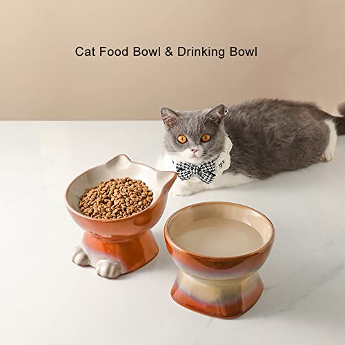 Nihow Elevated Cat Bowls,6 Inch Ceramic Raised Cat Food and Water Bowl Set | Slanted,Whisker Friendly,for Protecting Pet's Spine,Microwave & Dishwasher Safe ,Elegant Brown,6.8 OZ - color: Brown, size: 6.8 OZ+15.5 OZ