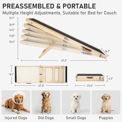 Wooden Dog Ramp for Couch High Bed, Non Slip Pet Ramps for Small Dogs and Cat with 4 Adjustable Height from 9.84'' to 17.91'', Portable 40'' Long Foldable Ramp for Dogs to Get on Bed Car - size: 100CM Long